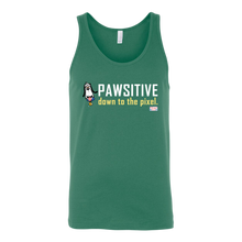 Load image into Gallery viewer, The message on this comfortable and &#39;cool&#39; Kelly green tank top is ‘PAWSITIVE down to the pixel’ and features an image portrait of ‘8Bit’ the dog!  This positive message is at the top of the tank top and the graphic pops really well on each color option that you have!  You can’t go wrong with this ‘pawsitive’ tank top!
