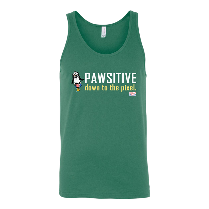 The message on this comfortable and 'cool' Kelly green tank top is ‘PAWSITIVE down to the pixel’ and features an image portrait of ‘8Bit’ the dog!  This positive message is at the top of the tank top and the graphic pops really well on each color option that you have!  You can’t go wrong with this ‘pawsitive’ tank top!