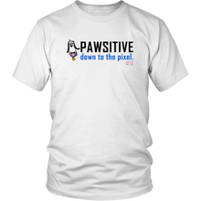 Load image into Gallery viewer, This casual White T-Shirt has a banner message that features an image of PIXELated PETS™ Dog named ‘8Bit.’ On the shirt, 8Bit declares in big bold black letters: ‘PAWSITIVE’ followed by blue letters that say ‘down to the pixel.’  Since a pixel is the smallest visual box on a digital screen, we know how deeply 8Bit feels about being ‘Pawsitive’!  Spread the message of positivity by purchasing 8Bit’s shirt!  It’s a PIXELated PETS™ favorite!
