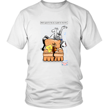 Load image into Gallery viewer, White Unisex T-Shirt featuring two Pixelated Pets, 8bit the Dog and Pixel the Cat.  The dog lies upside down on the top of the chair while the cat looks on in horror!  How dare a dog behave like a cat!  The funny Dog drools on the floor and sleepy z letters float above him. A yellow pillow sits on the pixel blocky chair that ironically says: Home, Sweet, Home.   What&#39;s good for the cat, is great for the dog!
