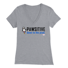 Load image into Gallery viewer, 8Bit the Dog is Featured on this Athletic Heather colored Women’s V-Neck T-Shirt.  The message is simple, clean, compelling and kind and it simply says ‘PAWSITIVE’ and under that word it says ‘down to the pixel.’  This is a PIXELated PETS™ favorite shirt.
