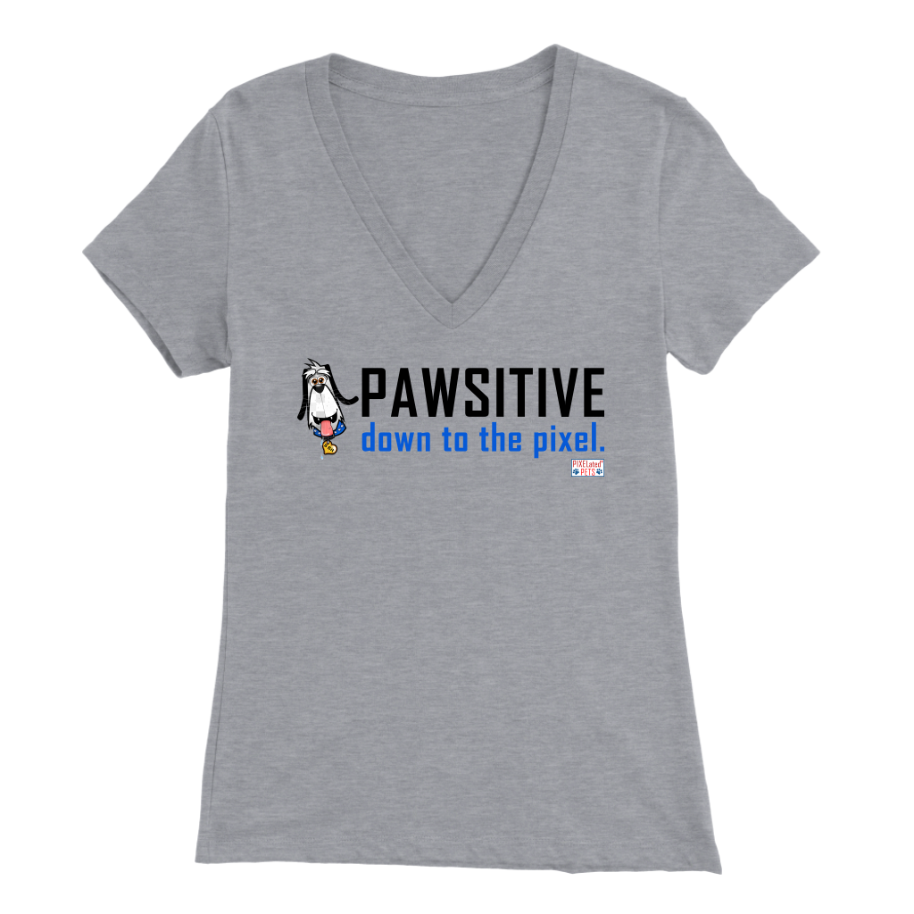 8Bit the Dog is Featured on this Athletic Heather colored Women’s V-Neck T-Shirt.  The message is simple, clean, compelling and kind and it simply says ‘PAWSITIVE’ and under that word it says ‘down to the pixel.’  This is a PIXELated PETS™ favorite shirt.