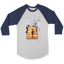 Load image into Gallery viewer, This stylish Baseball T Shirt is White with Navy Blue sleeves.  The shirt features PIXELated PETS™ favorite duo, &#39;Pixel&#39; the cat and &#39;8Bit&#39; the dog.  8Bit is seen sleeping at the top of the chair, dreaming of chasing balls, and running in the grass.  Pixel is annoyed that no one has disrupted 8Bits sleep because he is obviously lying all over his chair! The ‘Home, Sweet, Home’ pillow seems like it may be on the wrong couch!  The masses can relate to this funny shirt with headstrong PIXELated Pets™! 
