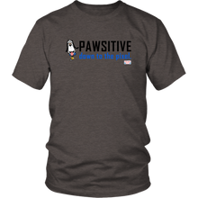 Load image into Gallery viewer, This casual Heather Brown T-Shirt has a banner message that features an image of PIXELated PETS™ Dog named ‘8Bit.’ On the shirt, 8Bit declares in big bold black letters: ‘PAWSITIVE’ followed by blue letters that say ‘down to the pixel.’  Since a pixel is the smallest visual box on a digital screen, we know how deeply 8Bit feels about being ‘Pawsitive’!  Spread the message of positivity by purchasing 8Bit’s shirt!  It’s a PIXELated PETS™ favorite!
