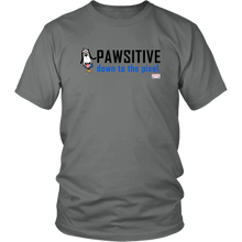 Load image into Gallery viewer, This casual Grey T-Shirt has a banner message that features an image of PIXELated PETS™ Dog named ‘8Bit.’ On the shirt, 8Bit declares in big bold black letters: ‘PAWSITIVE’ followed by blue letters that say ‘down to the pixel.’  Since a pixel is the smallest visual box on a digital screen, we know how deeply 8Bit feels about being ‘Pawsitive’!  Spread the message of positivity by purchasing 8Bit’s shirt!  It’s a PIXELated PETS™ favorite!
