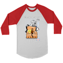 Load image into Gallery viewer, This stylish Baseball T Shirt is White with Red sleeves.  The shirt features PIXELated PETS™ favorite duo, &#39;Pixel&#39; the cat and &#39;8Bit&#39; the dog.  8Bit is seen sleeping at the top of the chair, dreaming of chasing balls, and running in the grass.  Pixel is annoyed that no one has disrupted 8Bits sleep because he is obviously lying all over his chair! The ‘Home, Sweet, Home’ pillow seems like it may be on the wrong couch!  The masses can relate to this funny shirt with headstrong PIXELated Pets™! 
