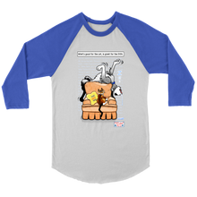 Load image into Gallery viewer, This stylish Baseball T Shirt is White with Royal Blue sleeves.  The shirt features PIXELated PETS™ favorite duo, &#39;Pixel&#39; the cat and &#39;8Bit&#39; the dog.  8Bit is seen sleeping at the top of the chair, dreaming of chasing balls, and running in the grass.  Pixel is annoyed that no one has disrupted 8Bits sleep because he is obviously lying all over his chair! The ‘Home, Sweet, Home’ pillow seems like it may be on the wrong couch!  The masses can relate to this funny shirt with headstrong PIXELated Pets™! 
