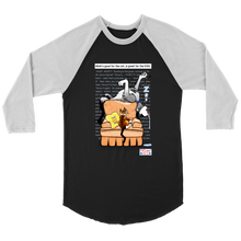 Load image into Gallery viewer, This stylish Baseball T shirt is black with white sleeves.  The shirt features PIXELated PETS™ favorite duo, &#39;Pixel&#39; the cat and &#39;8Bit&#39; the dog.  8Bit is seen sleeping at the top of the chair, dreaming of chasing balls, and running in the grass.  Pixel is annoyed that no one has disrupted 8Bits sleep because he is obviously lying all over his chair! The ‘Home, Sweet, Home’ pillow seems like it may be on the wrong couch!  The masses can relate to this funny shirt with headstrong PIXELated Pets™! 
