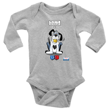 Load image into Gallery viewer, No! No! Not tired yet!  8Bit the puppy is featured on this long sleeved onesie
