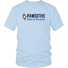 Load image into Gallery viewer, This casual Ice Blue T-Shirt has a banner message that features an image of PIXELated PETS™ Dog named ‘8Bit.’ On the shirt, 8Bit declares in big bold black letters: ‘PAWSITIVE’ followed by blue letters that say ‘down to the pixel.’  Since a pixel is the smallest visual box on a digital screen, we know how deeply 8Bit feels about being ‘Pawsitive’!  Spread the message of positivity by purchasing 8Bit’s shirt!  It’s a PIXELated PETS™ favorite!
