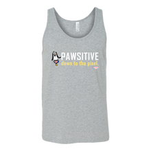 Load image into Gallery viewer, The message on this comfortable and cool Athletic Grey tank top is ‘PAWSITIVE down to the pixel’ and features an image portrait of ‘8Bit’ the dog!  This positive message is at the top of the tank top and the graphic pops really well on each color option that you have!  You can’t go wrong with this ‘pawsitive’ tank top!
