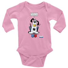 Load image into Gallery viewer, No! No! Not tired yet!  8Bit the puppy is featured on this long sleeved onesie
