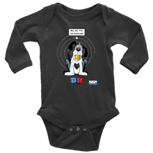 Load image into Gallery viewer, No! No! Not tired yet!  8Bit the puppy is featured on this long sleeved onesie
