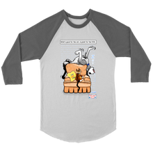 Load image into Gallery viewer, This stylish Baseball T Shirt is White with Asphalt sleeves.  The shirt features PIXELated PETS™ favorite duo, &#39;Pixel&#39; the cat and &#39;8Bit&#39; the dog.  8Bit is seen sleeping at the top of the chair, dreaming of chasing balls, and running in the grass.  Pixel is annoyed that no one has disrupted 8Bits sleep because he is obviously lying all over his chair! The ‘Home, Sweet, Home’ pillow seems like it may be on the wrong couch!  The masses can relate to this funny shirt with headstrong PIXELated Pets™! 
