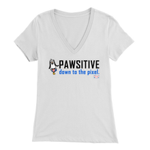 Load image into Gallery viewer, 8Bit the Dog is Featured on this White colored Women’s V-Neck T-Shirt.  The message is simple, clean, compelling and kind and it simply says ‘PAWSITIVE’ and under that word it says ‘down to the pixel.’  This is a PIXELated PETS™ favorite shirt.
